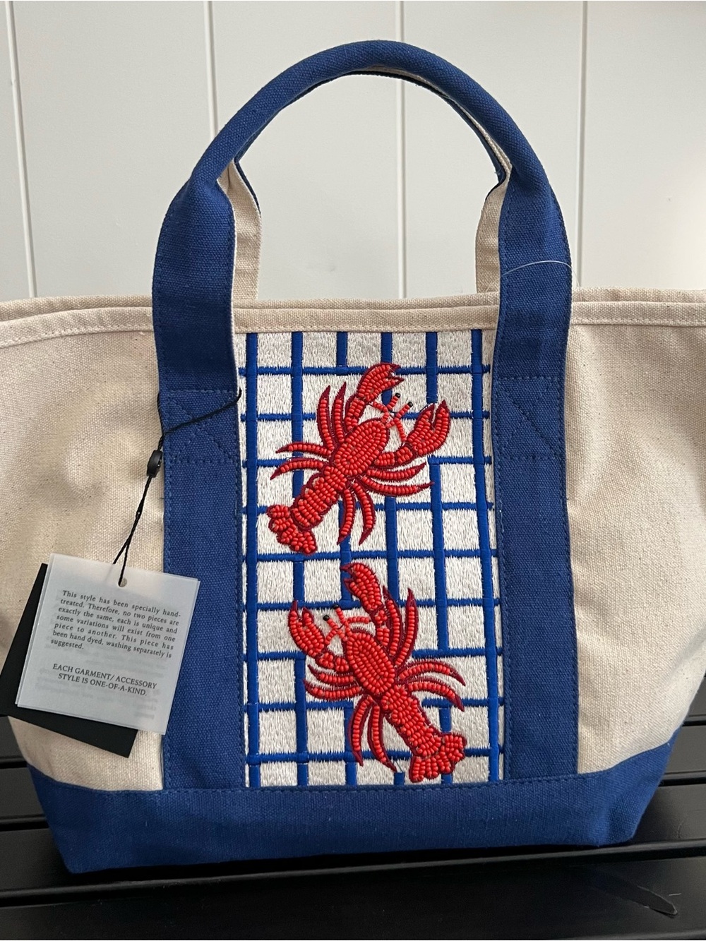 Embroidered and Beaded Lobster Canvas Tote - Nantucket Style